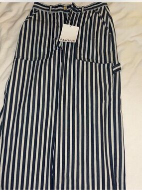 Anthropologie Navy and White Vertical-Stripe Wide-Leg Jeans